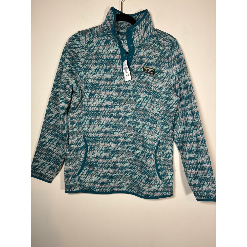 L.L. Bean Sweater Fleece Pullover Teal Gray Abstract Cabin Gorpcore NWT Small
